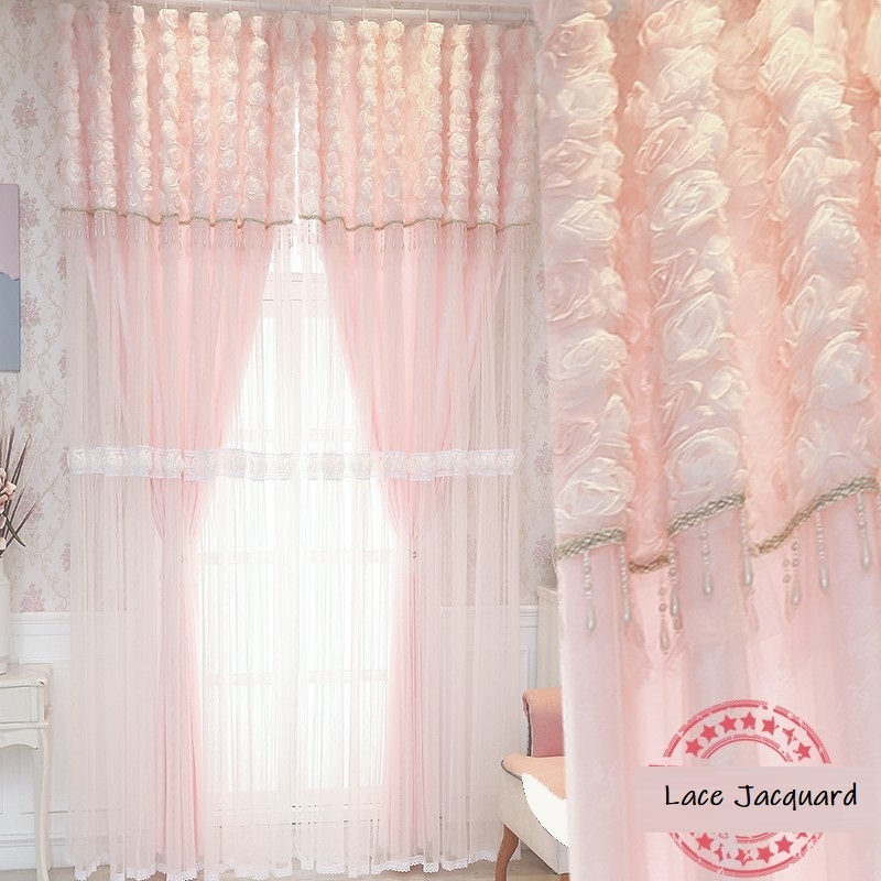 Blackout Curtain Thick - Tirai Mawar 3D Renda Merah Muda